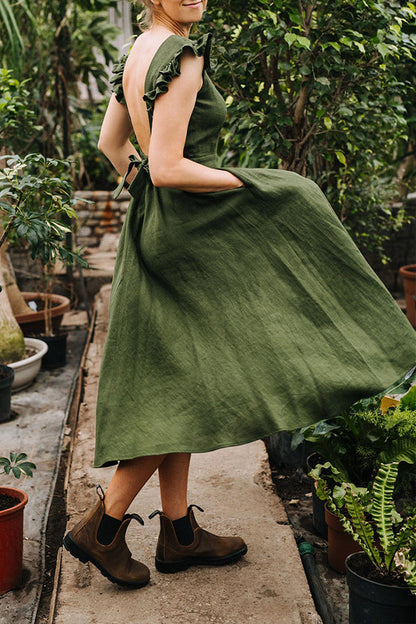 VESTIDO DE LINO CON MANGAS CON VOLANTES Y ESPALDA DESCONECTADAS