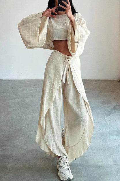 Conjunto de top corto de mezcla de lino y pantalón con volantes y cintura elástica, ideal para vacaciones