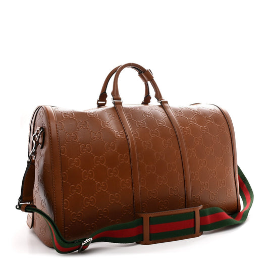 Calfskin GG Tennis Embossed Large Duffle Bag Brown