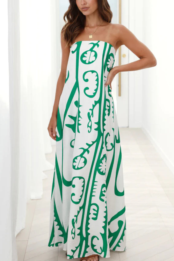 Vestido largo Connie - Blanco y verde tribal