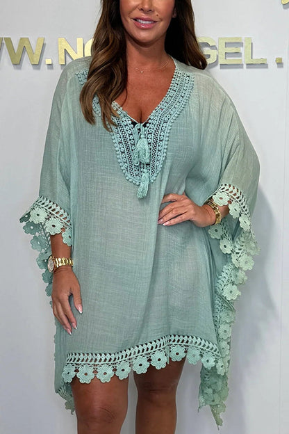Vestido mini holgado informal de encaje de color liso
