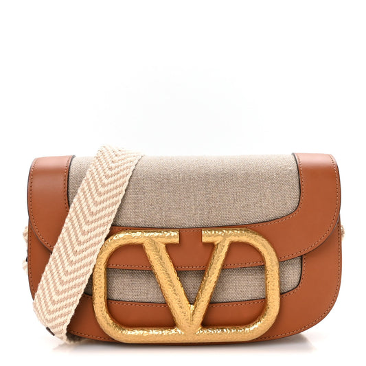 Calfskin Linen Supervee Crossbody Bag Saddle Brown Natural