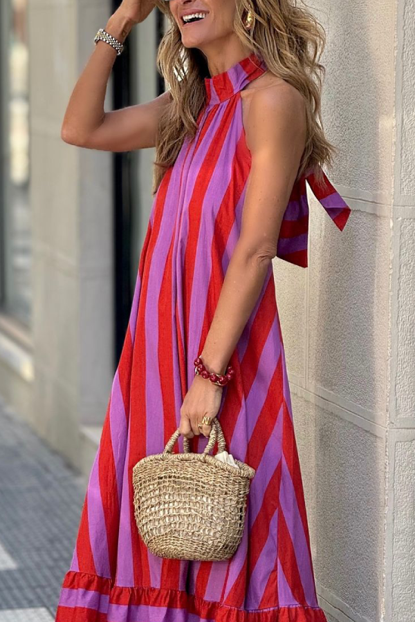 Vestido largo informal de rayas rojas, suelto, sin espalda