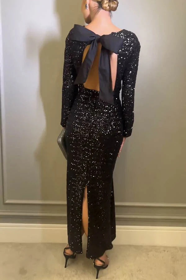 Vestido largo con diseño de lazo, espalda descubierta y hombros acolchados con lentejuelas para fiesta