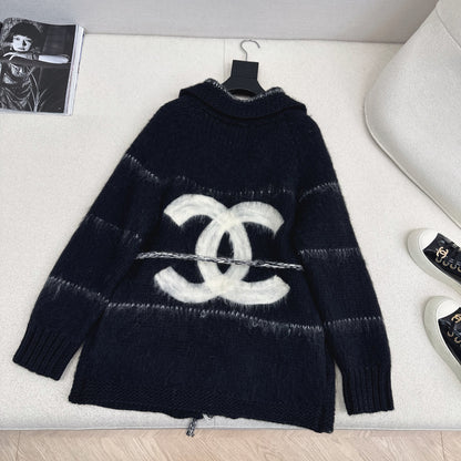 CC Mohair Wool Fluffy Black and White Belt Cardigan