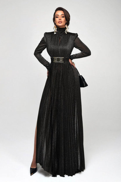 Vestido largo plisado con cinturón metalizado Elsie 
