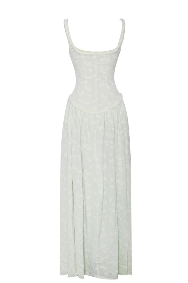 Vestido largo Ulissa verde claro con escote cuadrado, textura jacquard y abertura alta