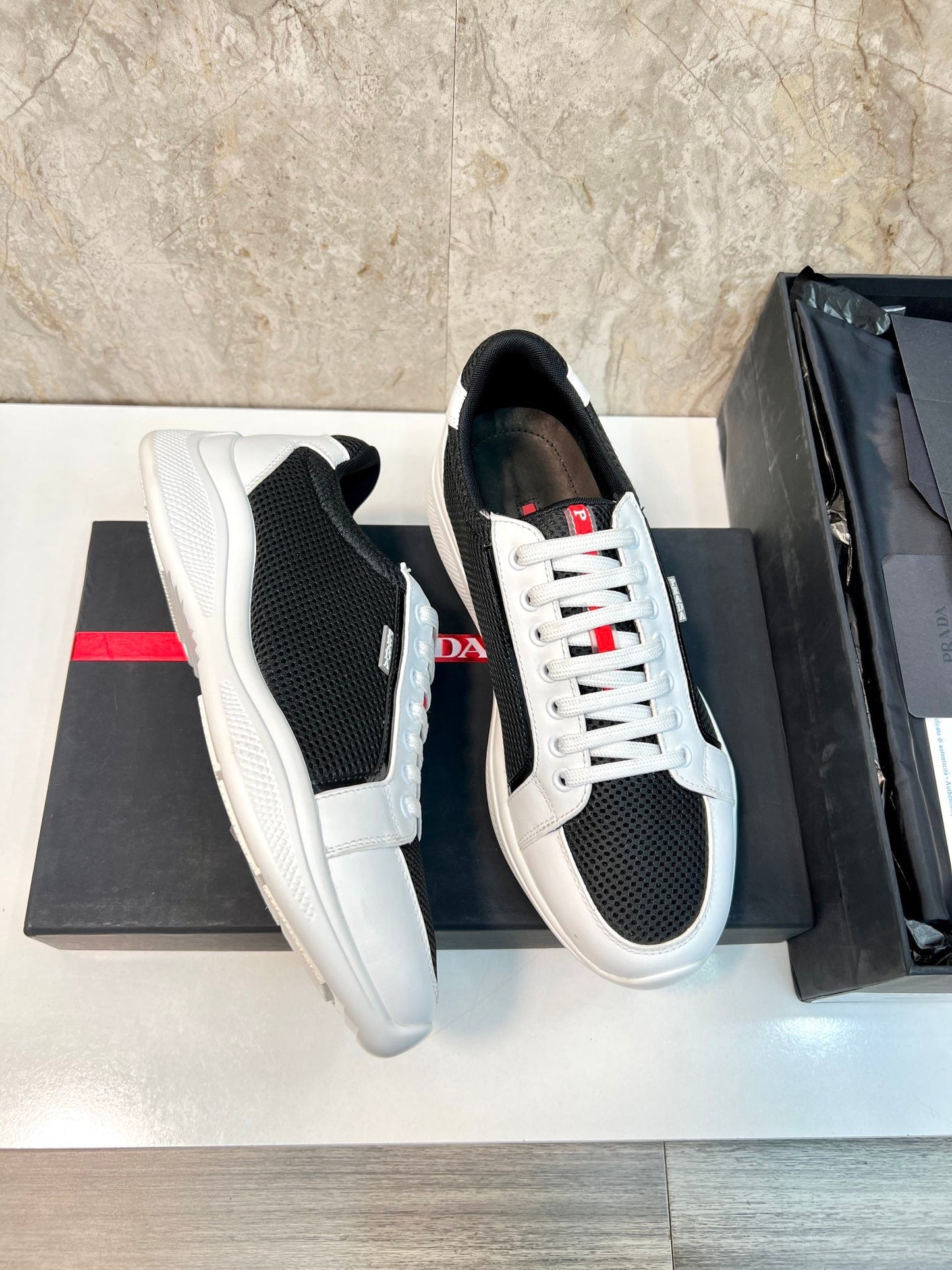 PRA SNEAKER WHITE MIX BLACK CALFSKIN AND MESH FABRIC