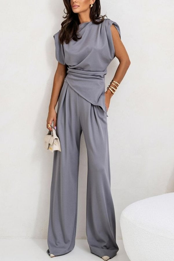 Conjunto de top fruncido con abertura en los hombros y pantalones anchos con bolsillos y cintura elástica de Jordy 