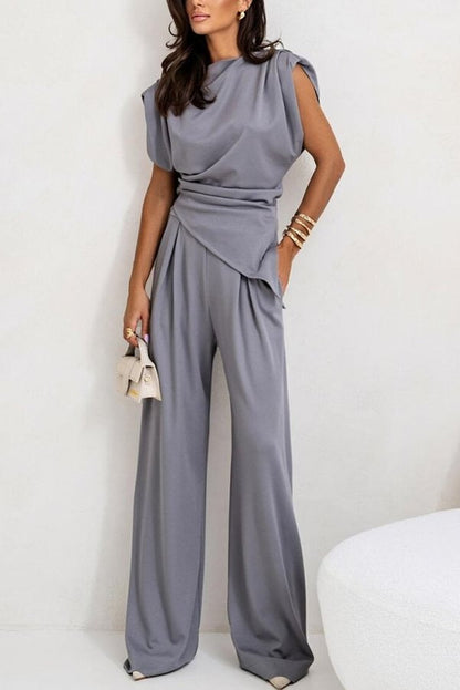 Conjunto de top fruncido con abertura en los hombros y pantalones anchos con bolsillos y cintura elástica de Jordy 
