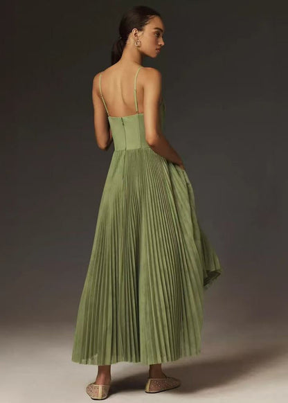 Olive Grace – Pleated Midi Corset Dress with Spaghetti Straps
