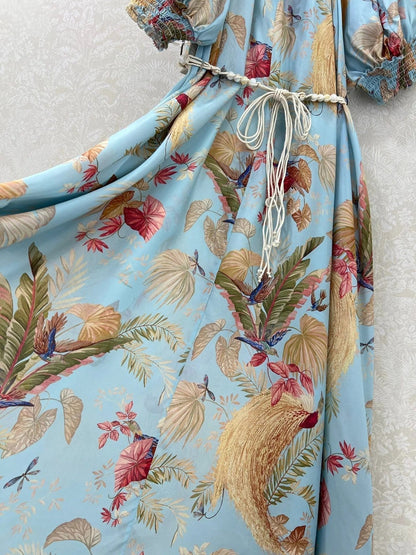 ZIMMERMANN PUFF-SLEEVE FLORAL FEATHER SILK DRESS 275074