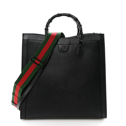Textured Dollar Calfskin Web Monochrome Large Diana Tote Bag Black