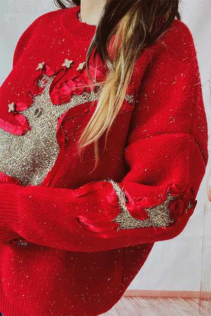 Suéter de punto de cuello redondo y manga larga con estampado navideño