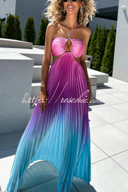Get Ready Beautiful Gradient Print Cutout Halterneck Pleated Maxi Dress