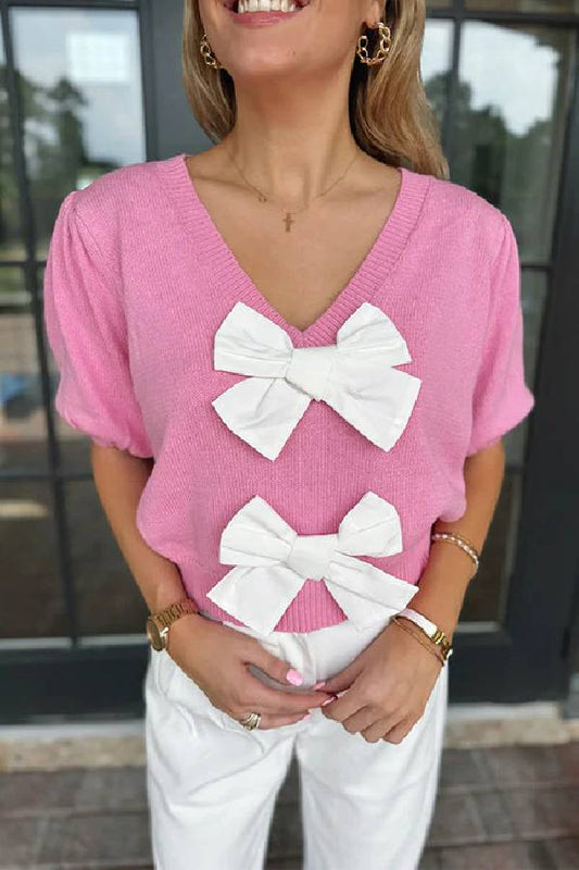 Top de punto con lazo, mangas cortas y cuello en V 