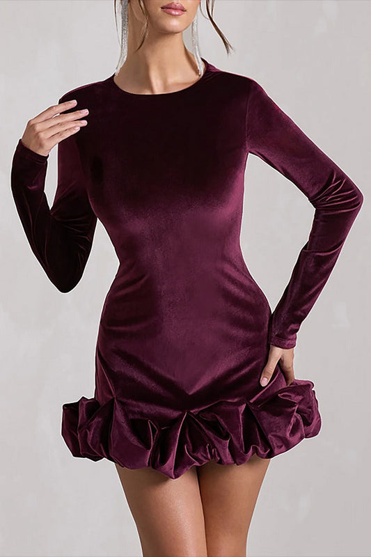 Minivestido de terciopelo con cuello redondo, manga larga, fruncido y dobladillo abullonado - Morado 