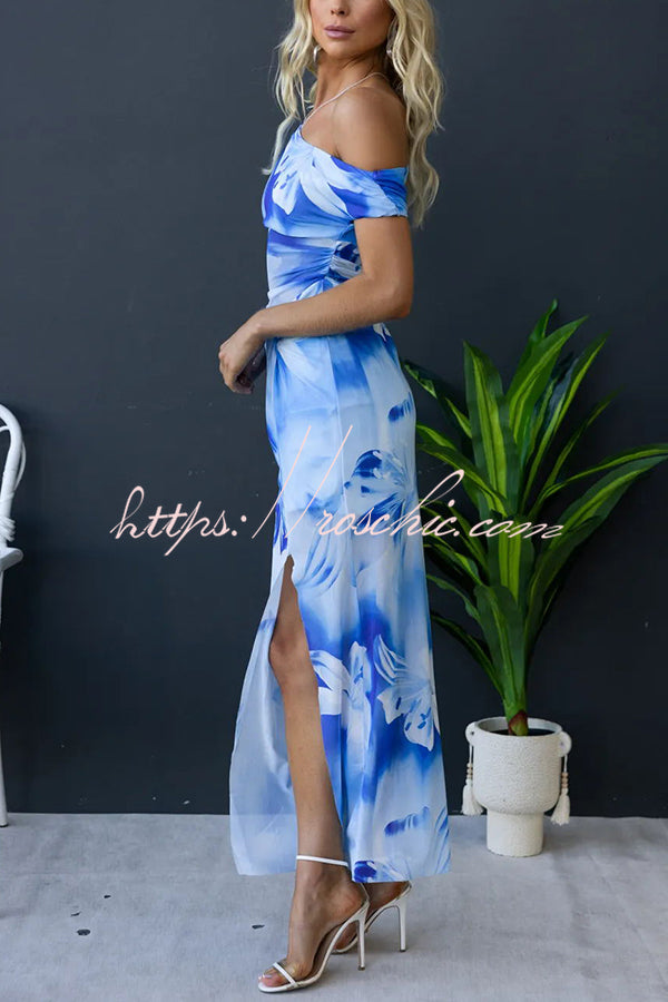 Escala Mesh Overlay Floral Print One Shoulder Cross Detail Slit Stretch Maxi Dress