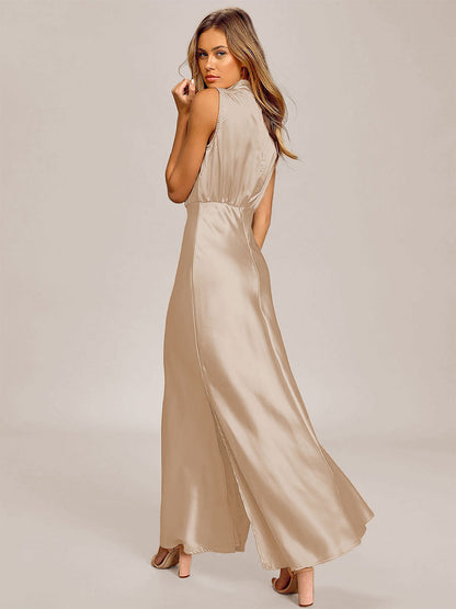 Maxi Dress High Collar Sleeveless Casual Low-slit Long Dress