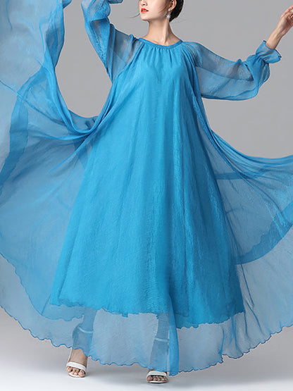 Long Sleeves Loose Falbala Gauze Pleated Solid Color Tied Waist Round-Neck Maxi Dresses