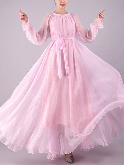 Long Sleeves Loose Falbala Gauze Pleated Solid Color Tied Waist Round-Neck Maxi Dresses