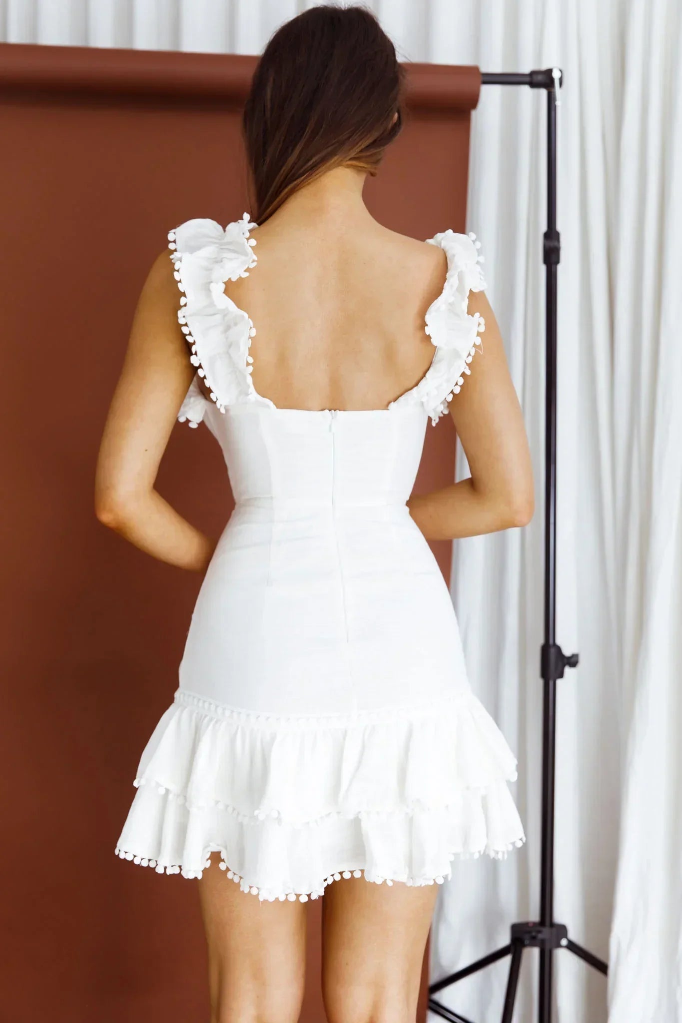 Annie Ruffle Shoulder Strap Layered Hem Mini Dress White