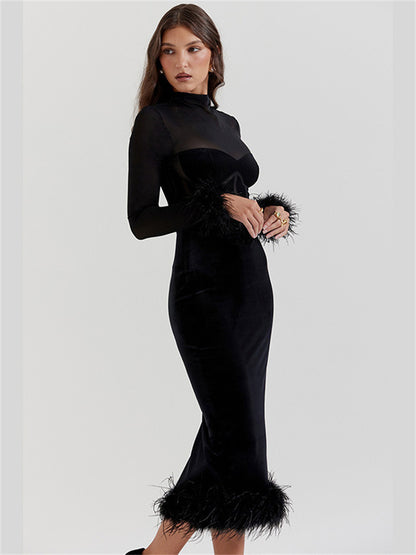 Tossy Fluffy See-Through Patchwork Long Dress For Women Elegant Mesh Long Sleeve Fashion High Waist Maxi Dress Female Gown 2024