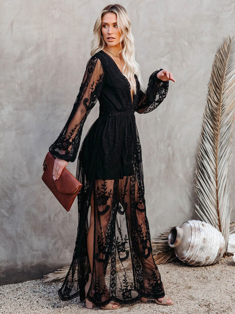 Maxi Dress V-Neck Half Sleeves Lace Bohemian Long Dress
