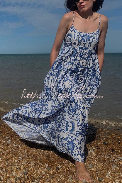 Botanical Floral Print Sexy Sling Backless Maxi Dress