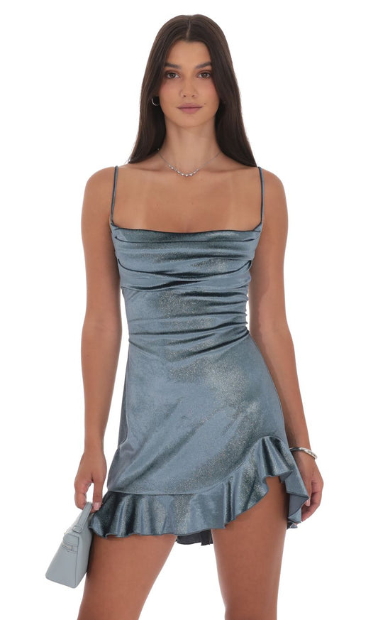 Foil Velvet Ruffled Slit Dress in Blue