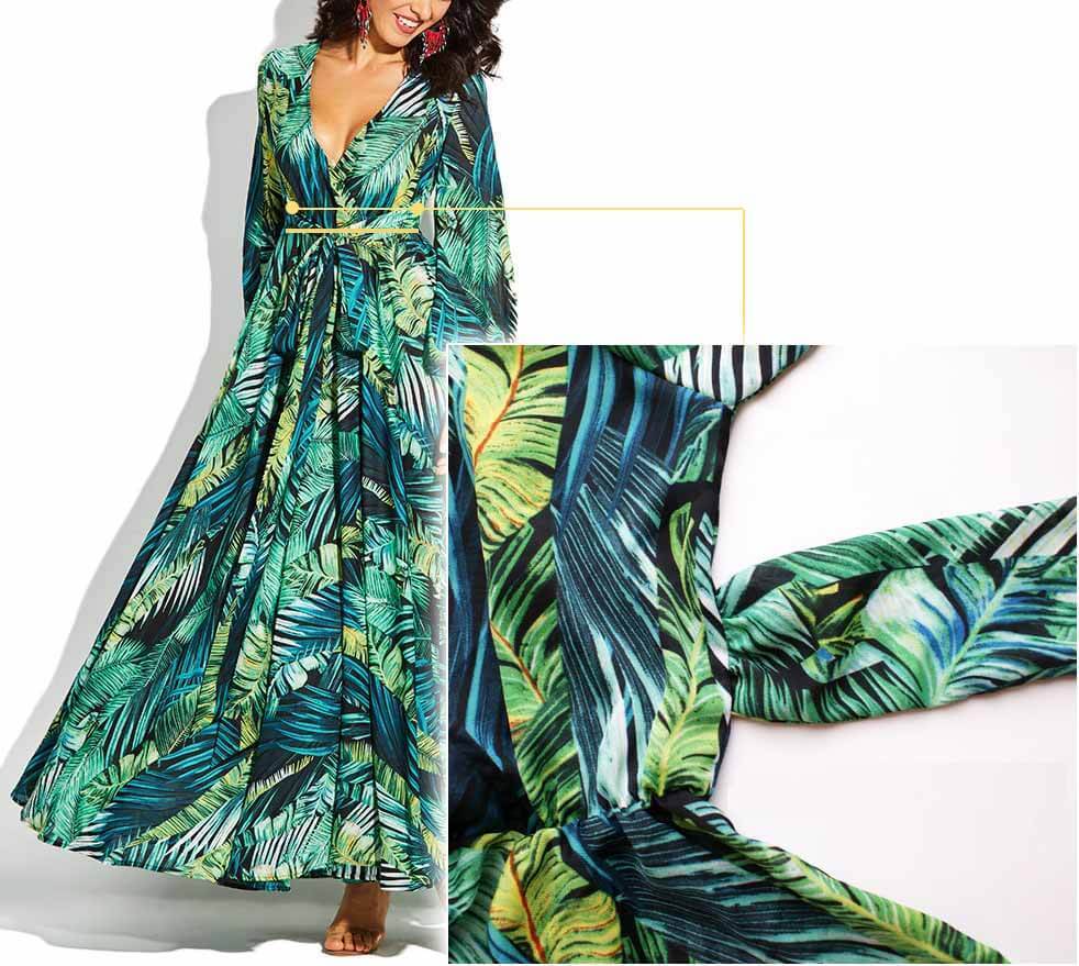 Vestido largo con cuello en V y estampado de hojas