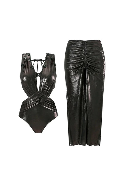 Black Sequin Appliqué Cutout Glossy Swimsuit