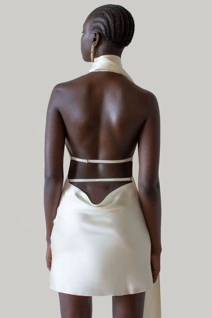 Backless Halter Satin Mini Dress