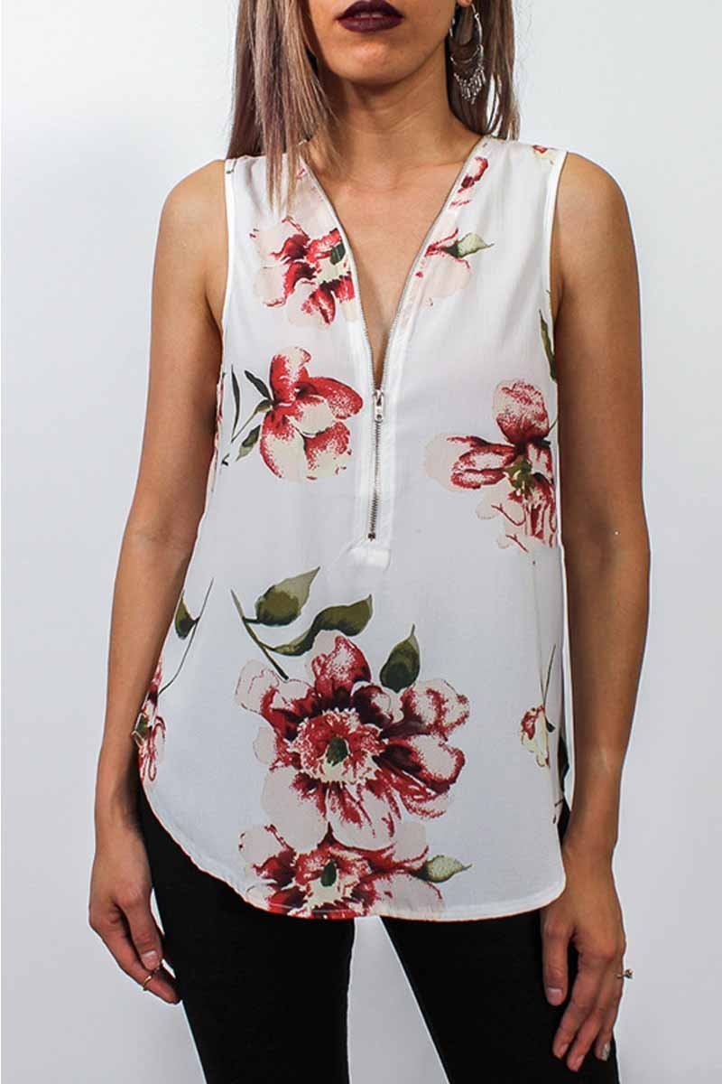 Camiseta sin mangas floral con diseño de cremallera de moda de verano