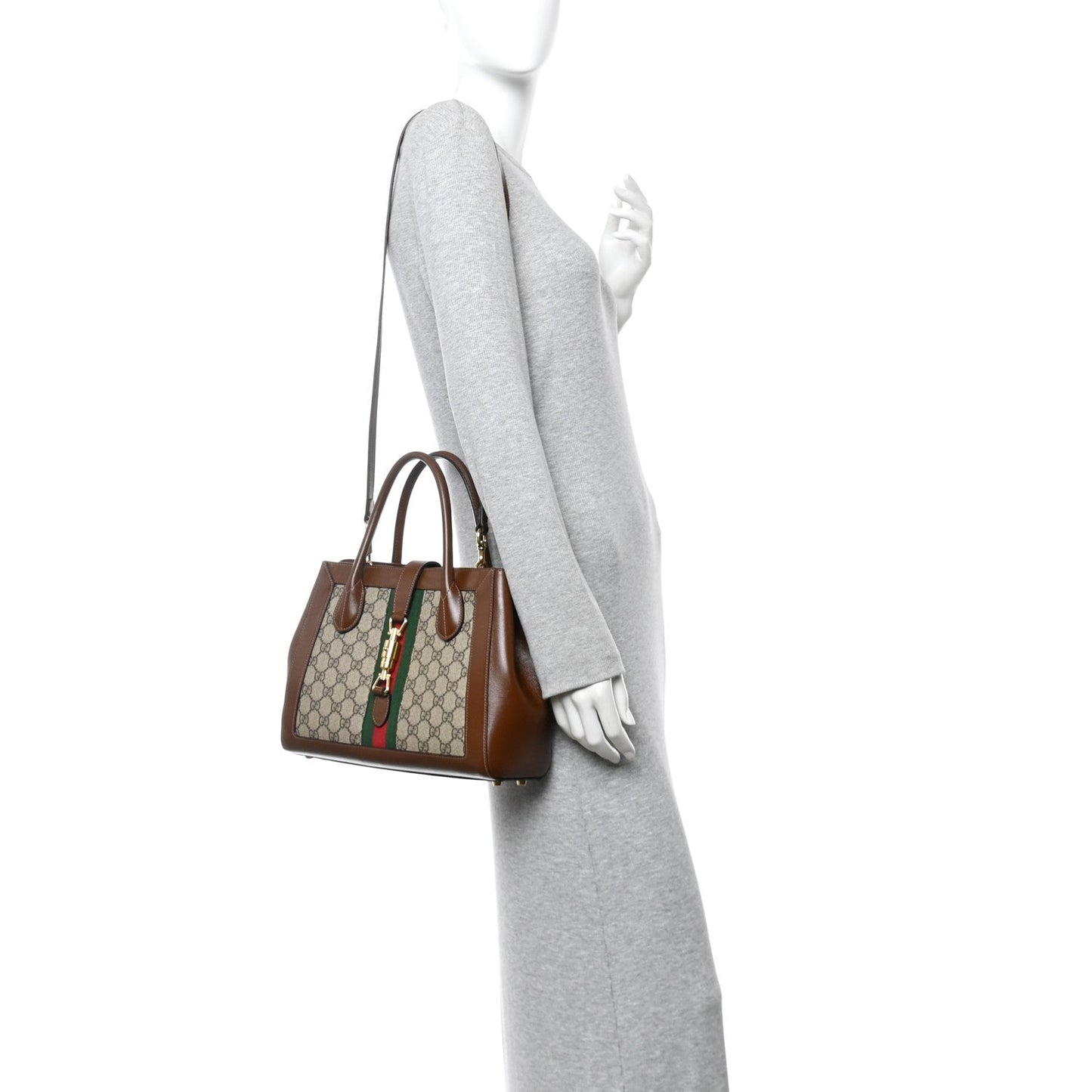 GG Supreme Monogram Azalea Calfskin Web Medium Jackie 1961 Tote Beige Ebony Brown Sugar