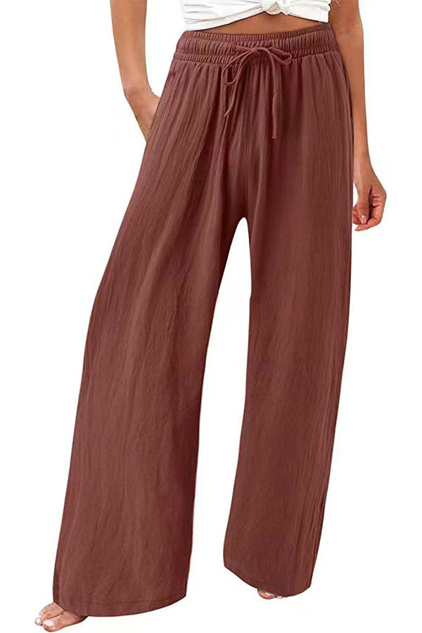 Pantalones casuales de playa de lino y algodón con cordón y pierna ancha
