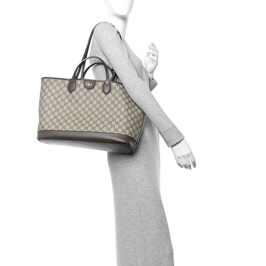 GG Supreme Monogram Textured Calfskin Medium Ophidia Shoulder Tote Bag Beige Ebony New Acero