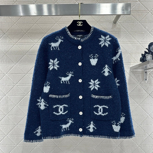 CC 26 Cardigan with Snowflake Pattern Blue mix White Wool 329713