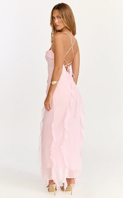 Connie Midi Dress - Ruffle Detail Dress in Pink
