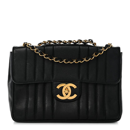 Caviar Vertical Quilted Small Single Flap Black