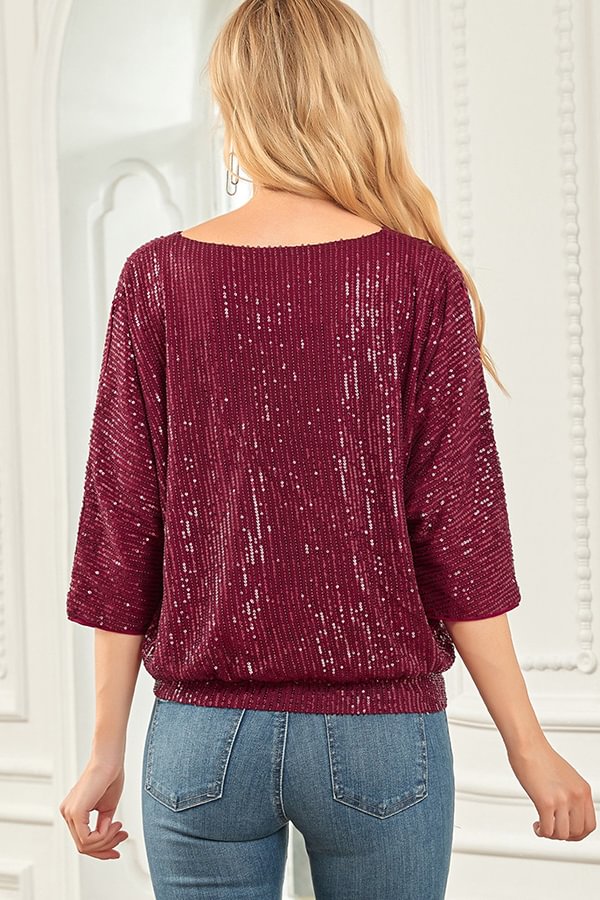 Top casual holgado de cuello redondo con lentejuelas de color liso