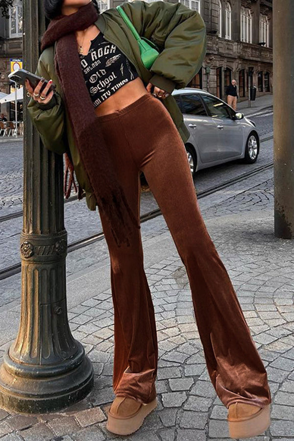 Pantalones de terciopelo de color sólido elásticos de cintura alta ajustados casuales de corte bota para mujer pantalones de moda