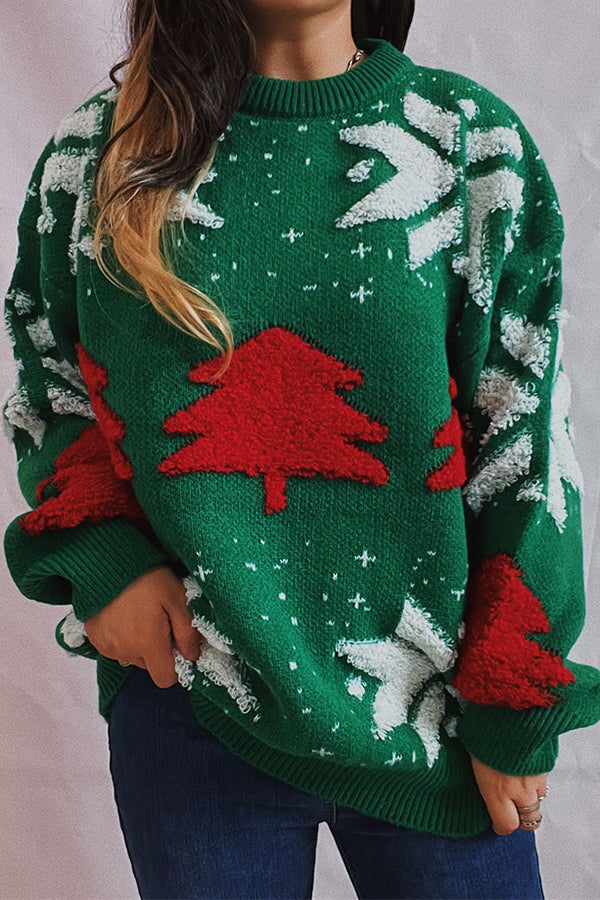 Suéter de punto de cuello redondo y manga larga con estampado navideño