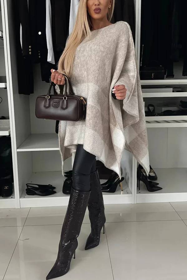 Poncho holgado con mangas murciélago, de punto a cuadros y bloques de color, tranquilo y elegante 