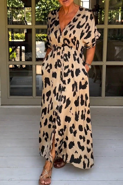 Vestido largo con cuello en V y estampado de leopardo salvaje