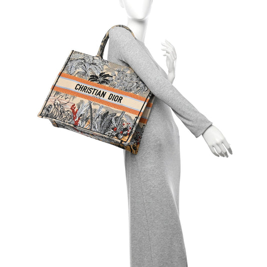 Canvas Embroidered Toile De Jouy Tropicalia Large Book Tote Denim Blue