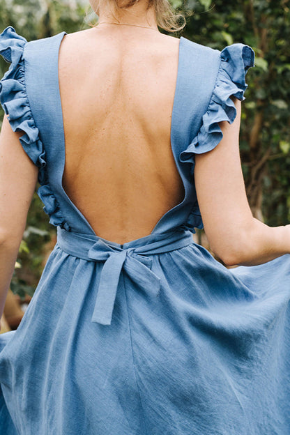VESTIDO DE LINO CON MANGAS CON VOLANTES Y ESPALDA DESCONECTADAS