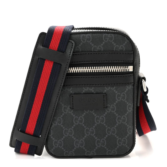 GG Supreme Monogram Appia Calfskin Web Small Camera Messenger Bag Black Grey