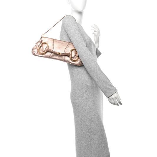 Metallic Calfskin Studded Horsebit Clutch Bag Pink