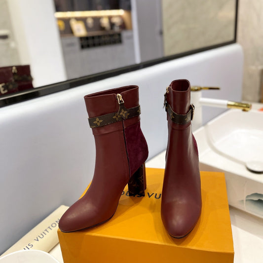 LV 26s Silhouette Ankle Boot 10cm Burgundy Cowhide Suede & Monogram Canvas 574029